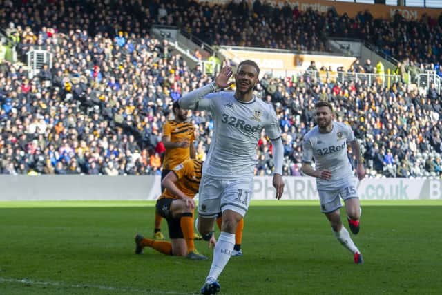 HEAR FOR THE CHALLENGE: Leeds United forward Tyler Roberts celebrates the first of his two goals in February's 4-0 romp at Hull City. Picture by Tony Johnson.