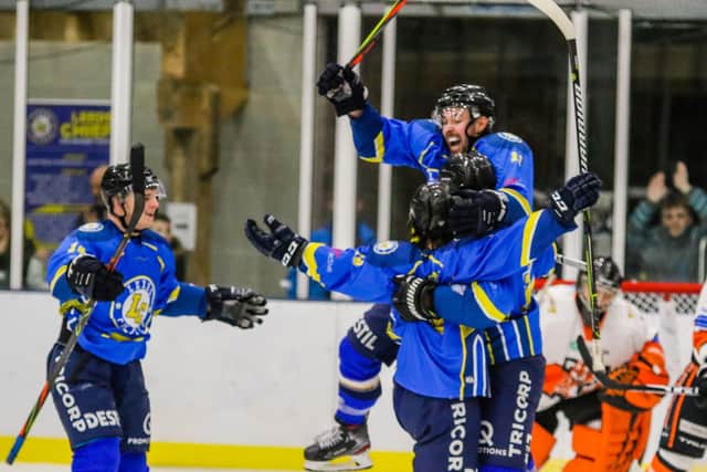 YOU BEAUTY: Leeds Chiefs' players celebrate Lewis Houston's overtime winner against Telford Tigers at Elland Road - the club's first win on home ice. 
Picture courtesy of Mark Ferriss.