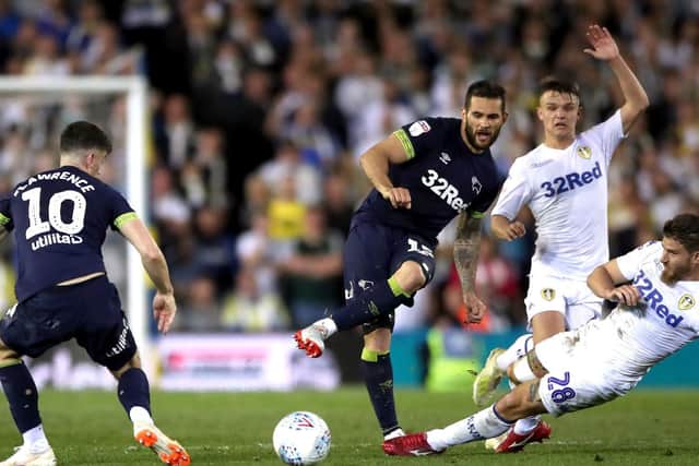 MARCHING ORDERS: Gaetano Berardi catches Derby County's Bradley Johnson with a late challenge in May's Championship play-offs semi-final second leg which led to his dismissal for a second yellow. Picture by Nick Potts/PA Wire.