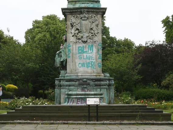The statue was found defaced on Tuesday.