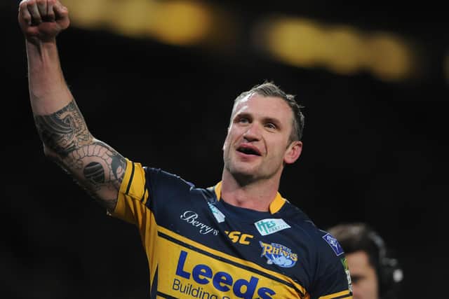 Jamie Peacock celebrates Leeds Rhinos' 2012 Grand Final victory. Picture: PA.