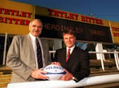 "Headingley Saved" reads the scoreboard as Paul Caddick, left and Gary Hetherington take over Leeds RLFC in November, 1996. Picture by Mark Bickerdike.