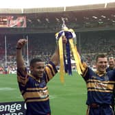 Man of the match Leroy Rivett and captain Iestyn Harris with the Challenge Cup in 1999. Picture by Mike Cowling.