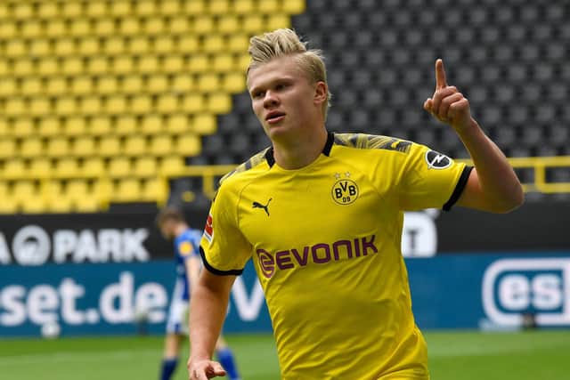 YORKSHIREMAN: Leeds-born Erling Haaland celebrates his strike for Borussia Dortmund in last month's 4-0 victory at home to FC Schalke upon the return of the Bundesliga. Photo by Martin Meissner/Pool via Getty Images.