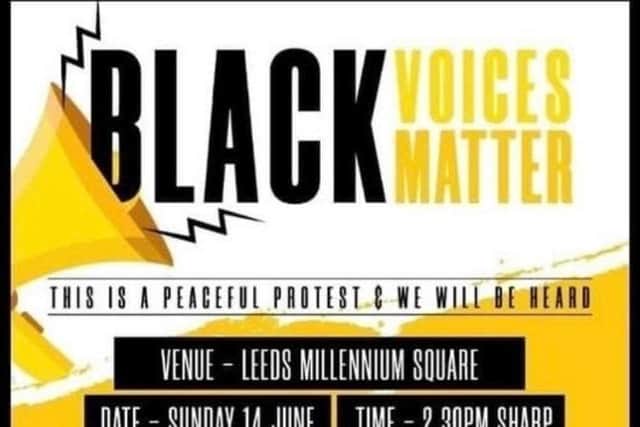 The poster for the Black Voices Matter demonstration in Millennium Square.