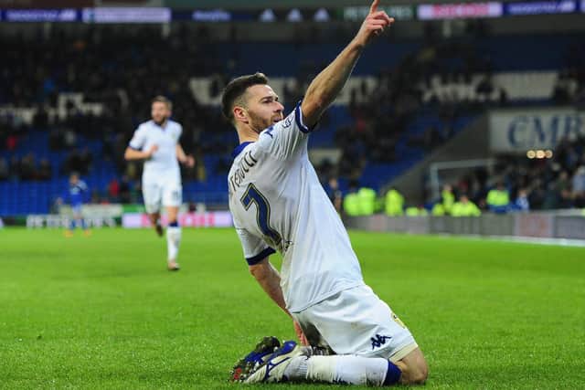 JOB DONE: Mirco Antenucci celebrates his late strike en route to Leeds United's historic 2-0 win at Cardiff City in March 2016. Photo by Harry Trump/Getty Images.