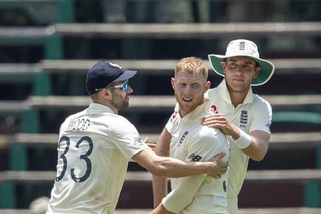 Ben Stokes, middle, and Mark Wood, left, will begin bowling at England team-mates Jonny Bairstow and Dawid Malan at Durham's Riverside ground this week. Stuart Broad, right, has already bowled at England Test captain joe Root in the nets at Trent Bridge. Picture: AP/Themba Hadebe.