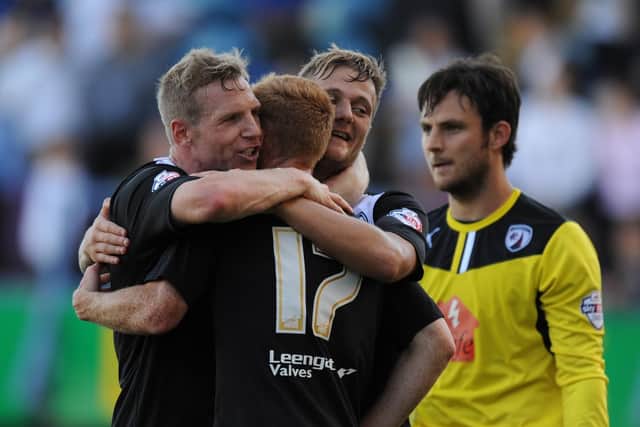 WINNERS - Ritchie Humphreys, left, with Eoin Doyle, centre, Liam Cooper, now of Leeds United, and goalkeeper Tommy Lee all won League Two with Chesterfield. Pic: Getty