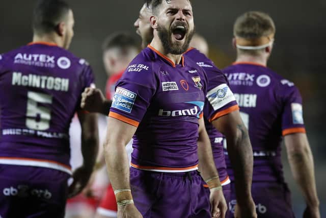 Huddersfield Giants' Aidan Sezer celebrates his teams win against St Helens Saints, during the Betfred Super League match at the Totally Wicked Stadium, St Helens. PA Photo. Picture date: Friday March 6, 2020. See PA story RUGBYL St Helens. Photo credit should read: Martin Rickett/PA Wire. RESTRICTIONS: Editorial use only. No commercial use. No false commercial association. No video emulation. No manipulation of images.