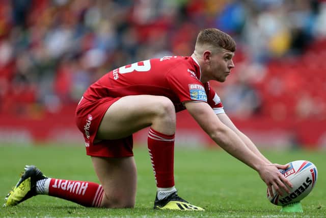 Huddersfield giants Oliver Russell lines up the ball during the Dacia Magic Weekend match of the Betfred Super League at Anfield, Liverpool. PRESS ASSOCIATION Photo. Picture date: Saturday May 25, 2019. See PA story RUGBYL Hull. Photo credit should read: Richard Sellers/PA Wire. RESTRICTIONS: Editorial use only. No commercial use. No false commercial association. No video emulation. No manipulation of images.