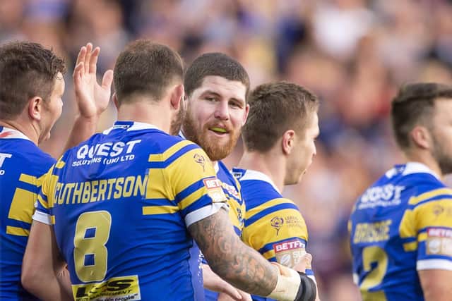 Mitch Garbutt celebrates scoring his try against St Helens. Picture: SWPix.com.