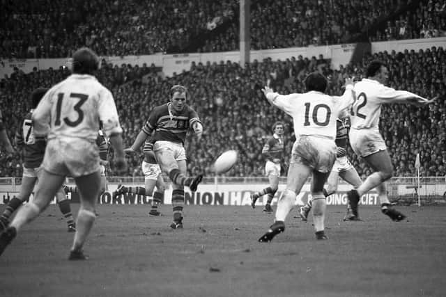 David Ward drops a goal during the 1978 Challenge Cup final against St Helens. Picture: Steve Riding.