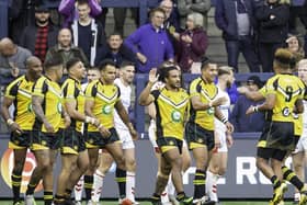 Jamaica celebrate scoring against England Knights at Emerald Headingley last year. Picture by Allan McKenzie SWpix.com.
