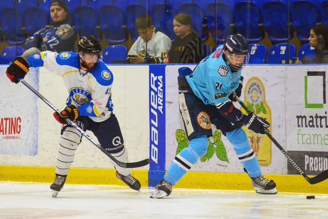 Andres Kopstals and Alex Graham during Sheffield Steeldogs v Leeds Chiefs in October (Picture: Bruce Rollinson)