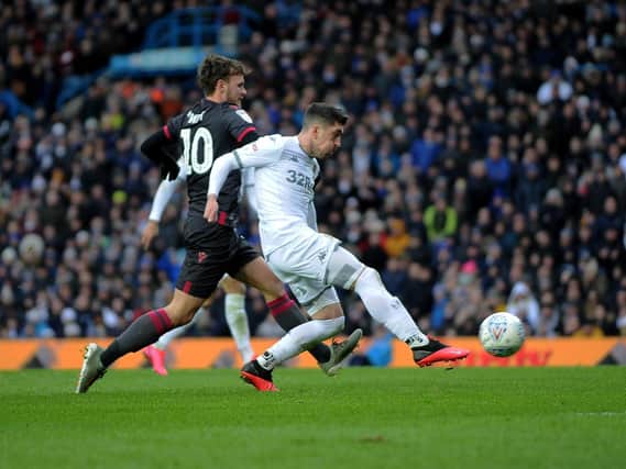 TOUCH - Pablo Hernandez finding the top corner for Leeds United. Pic: Simon Hulme