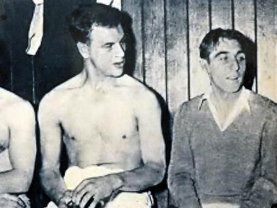 Former Leeds United winger Harold Williams (R) sat alongside John Charles (M) and Jimmy Dunn (L).