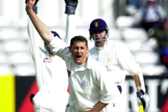 EARLY DAYS: Tim Bresnan turns and appeals after his delivery to Derbyshire's Dominic Cork back in 2002.