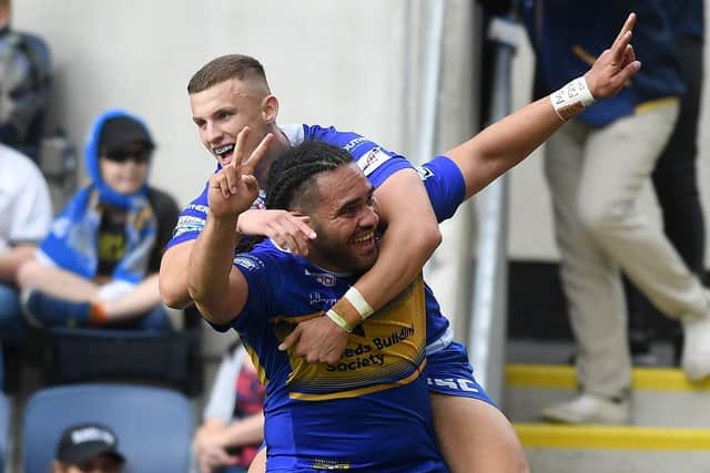 Konrad Hurrell and Ash Handley celebrate a try against Catalans Dragons last year. Picture by Jonathan Gawthorpe.