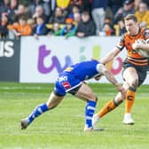James Clare on the attack against St Helens in Tigers' final game before the Covid-19 shutdown. Picture by Tony Johnson.