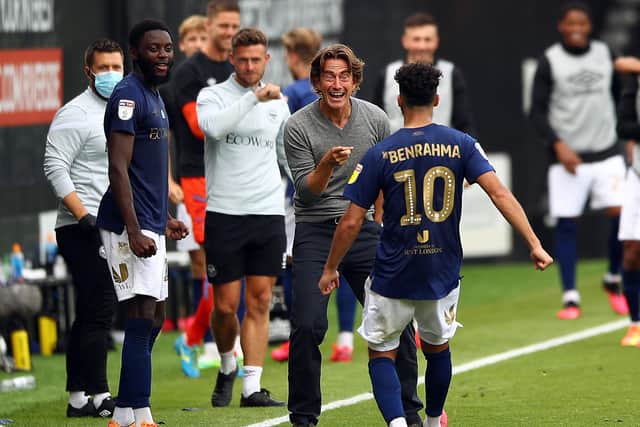 LEAVING IT LATE: Brentford boss Thomas Frank greets Said Benrahma after his strike to put Brentford 1-0 up at Fulham. Photo by Bryn Lennon/Getty Images.