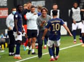 LEAVING IT LATE: Brentford boss Thomas Frank greets Said Benrahma after his strike to put Brentford 1-0 up at Fulham. Photo by Bryn Lennon/Getty Images.