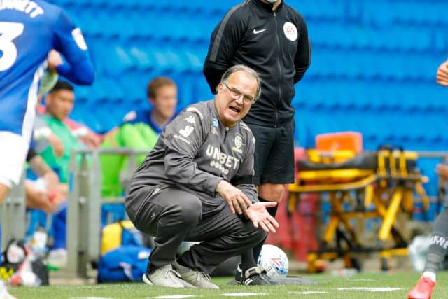 Leeds United head coach Marcelo Bielsa makes his thoughts known from the sidelines at Cardiff. Picture: Varleys.