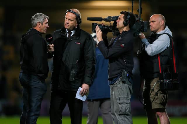 Castleford Tigers coach Daryl Powell is interviewed by Terry O'Connor of Sky Sports. Picture by SWpix.com.