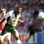 Former Leeds United defender Lucas Radebe in action for South Africa. (Getty)