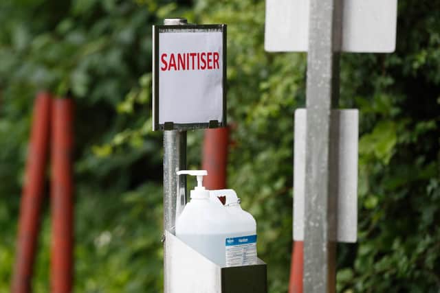 Hand sanitiser at Kober meat processing plant in Cleckheaton, that has been confirmed as the location of a localised coronavirus outbreak, in Cleckheaton, West Yorkshire. Photo: PA