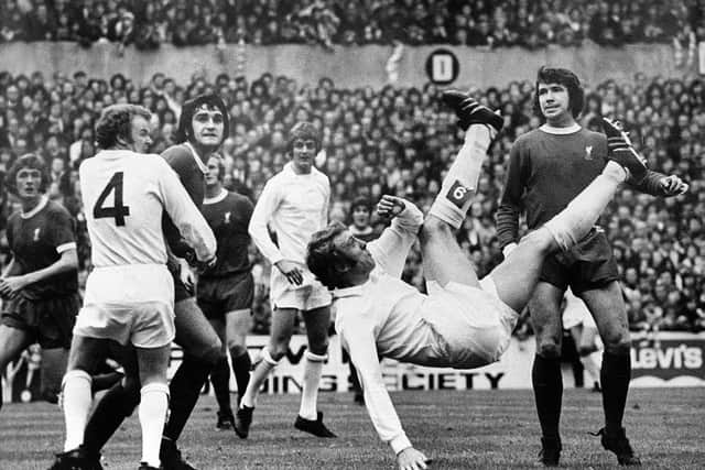 Mick Jones scores from an overhead kick against Liverpool. PIC: Varley Picture Agency