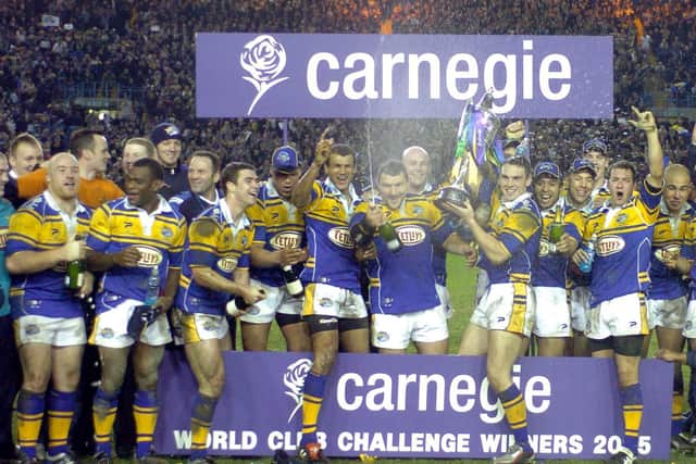 Leeds Rhinos' world title celebrations begin after the 2005 win over Canterbury Bulldogs. Picture by Tony Johnson.