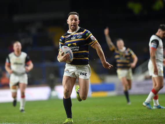 Luke Gale scores against Toronto in Rhinos' final game before Covid-19 halted Super League. Picture by Jonathan Gawthorpe.