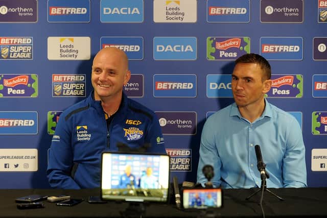 Rhinos coach Richard Agar, left and director of rugby Kevin Sinfield are drawing up plans for a return to training on July 13. Picture by Simon Hulme.
