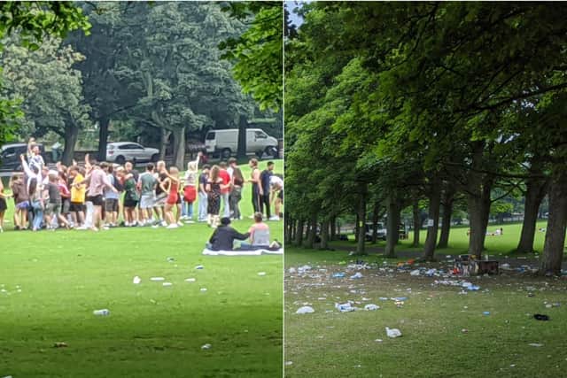 A group of people on Woodhouse Moor on Friday morning, and litter left behind.