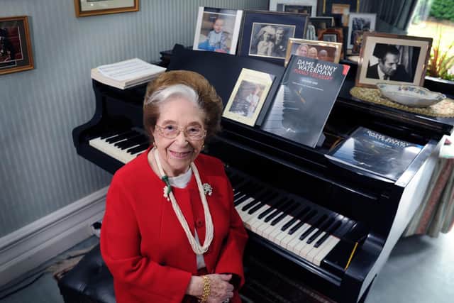 The remarkable Dame Fannny, co-founder of the Leeds International Pianoforte Competition, at home with one of her Steinways