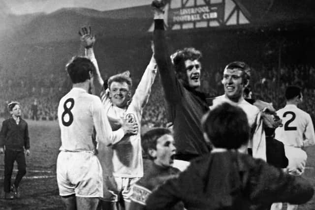 WE'VE DONE IT! Leeds United celebrate becoming champions of England for the first time in their history following their goalless draw at Liverpool in April 1969. Picture by Varleys.