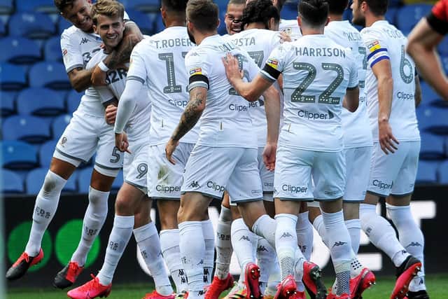 EARLY STRIKE: Leeds United celebrate Patrick Bamford's tenth-minute opener. Picture by Simon Hulme.
