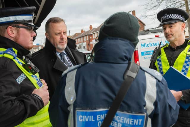 West Yorkshire Police and Crime Commissioner, Mark Burns-Williamson out on the beat with officers in Leeds East.
