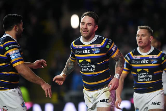Richie Myler, centrte, celebrates his try againsty Toronto. Picture by Jonathan Gawthorpe.