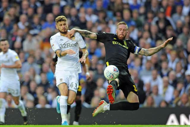 Leeds United Mateusz Klich and Brentford's Pontus Jansson battle at Elland Road. (Bruce Rollinson)