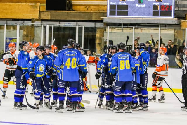 Leeds Chiefs celebrate their overtime win against Telford Tigers at Elland Road 
in February. Picture courtesy of Mark Ferriss.