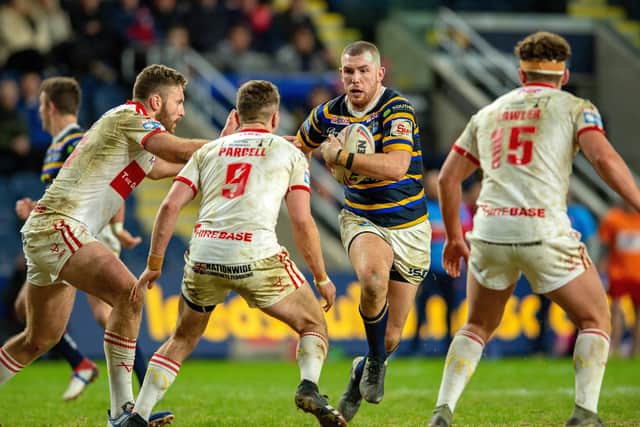 Cameron Smith on the attack for 
Leeds Rhinos. 
Picture: Bruce Rollinson.