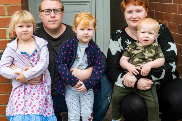 Tony Mann, 31, who is one of a growing number of people reporting long-term after-effects of Covid-19. Pictured with his family - who all fell ill between March and April, wife Amy and children Sienna, four, Savannah, three, and Wyatt, one. Picture: Bruce Rollinson