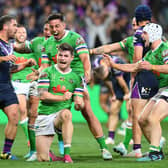 John Bateman celebrates scoring for Canberra Raiders against Melbourne Storm. Picture by Quinn Rooney/Getty Images.