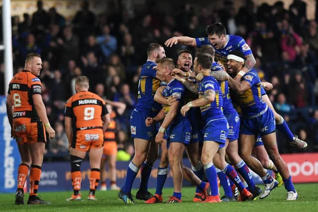 Rhinos celebrate Brad Dwyer's golden-point drop goal in 2019. PIcture by Jonathan Gawthorpe