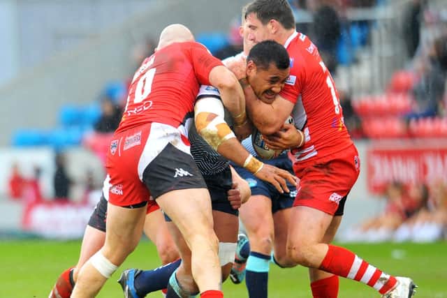 Ava Seumanufagai takes on the Salford defence during Rhinos' win in February. Picture by Steve Riding.