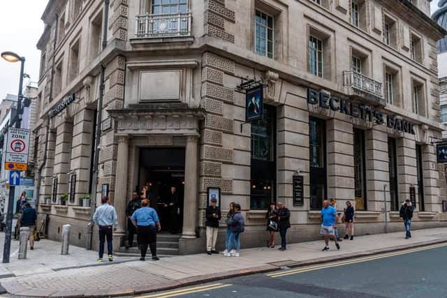 Queues outside Beckett's Bank, Greek Street, as pubs reopen in Leeds