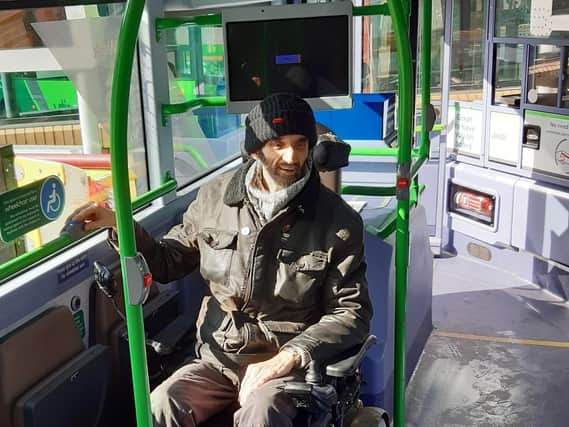 Wheelchair user Dave Morrell of Leeds on a First Bus