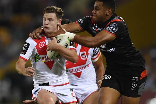 Jai Field, left, in action for St George-Illawarra Dragons. Picture by Ian Hitchcock/Getty Images