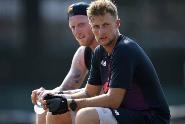 Joe Root and Ben Stokes chat during a nets session in Colombo in March this year. Picture: Gareth Copley/Getty Images